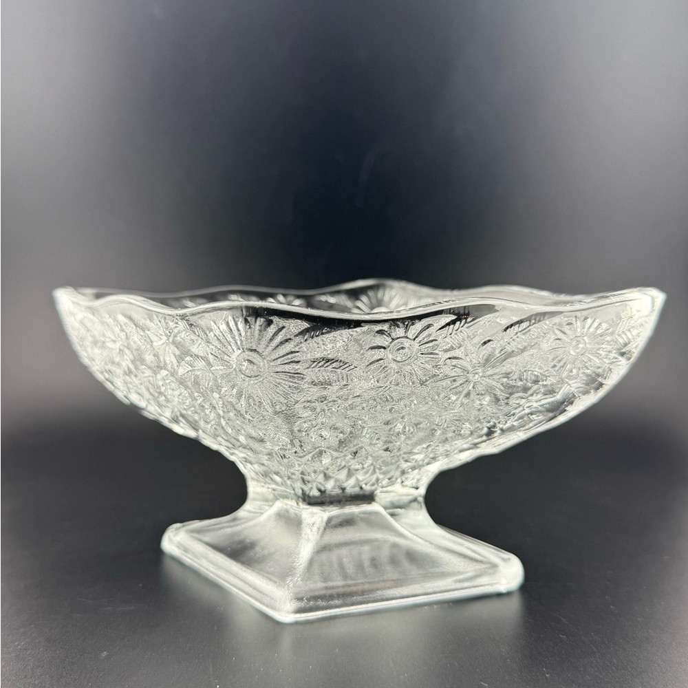 Clear Glass Floral Footed Diamond Shaped Bowl by Indiana Glass 618